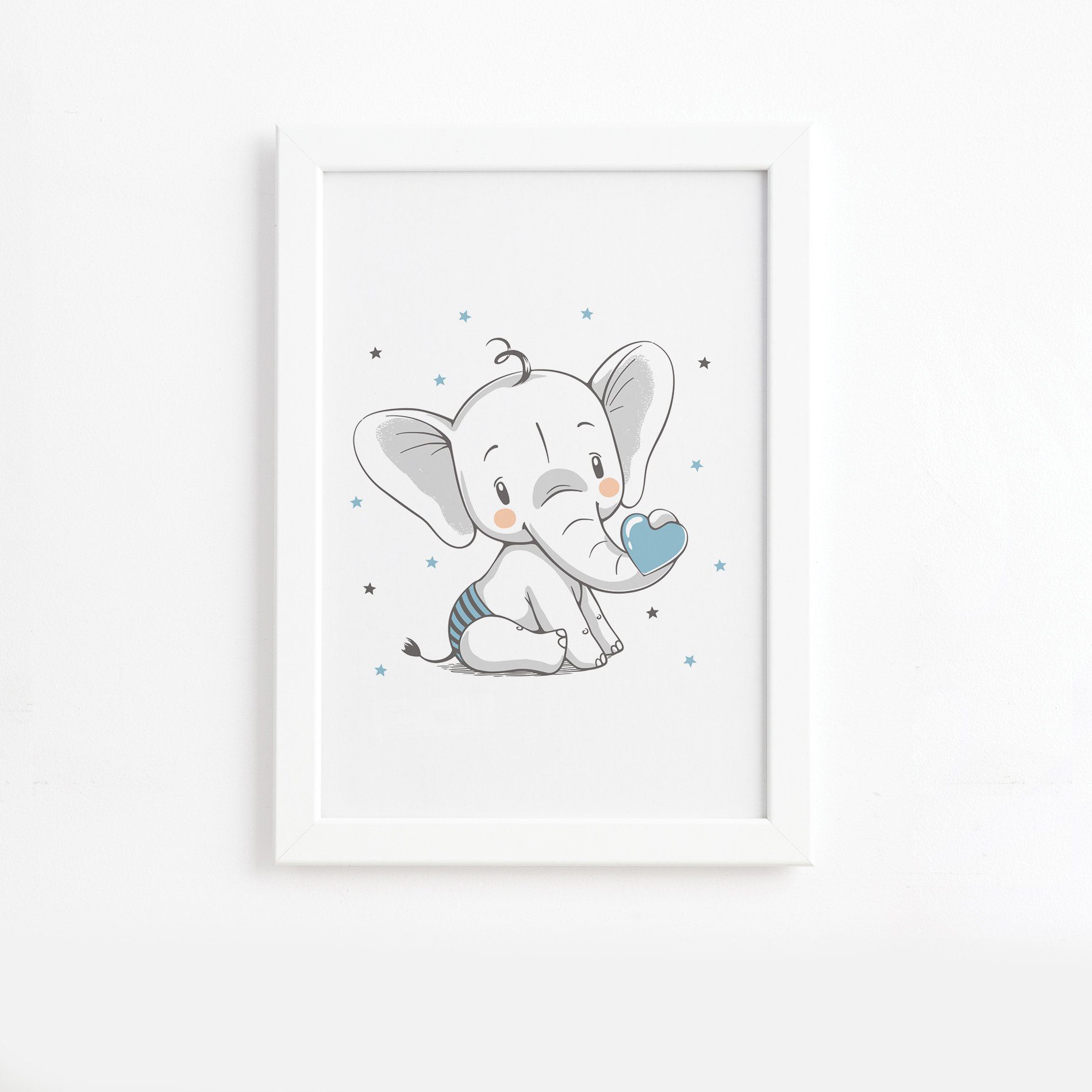 Quadro Elefante e Coração Azul Moldura Branca 22x32cm