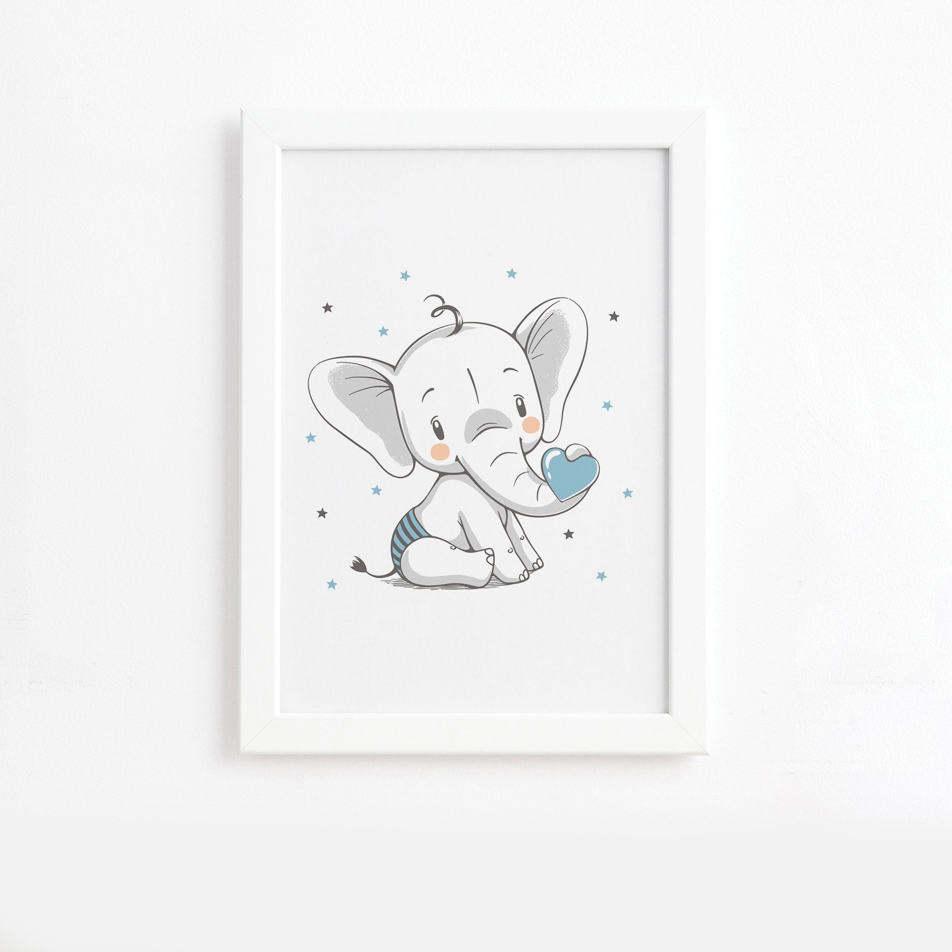 Quadro Elefante e Coração Azul Moldura Branca 33x43cm