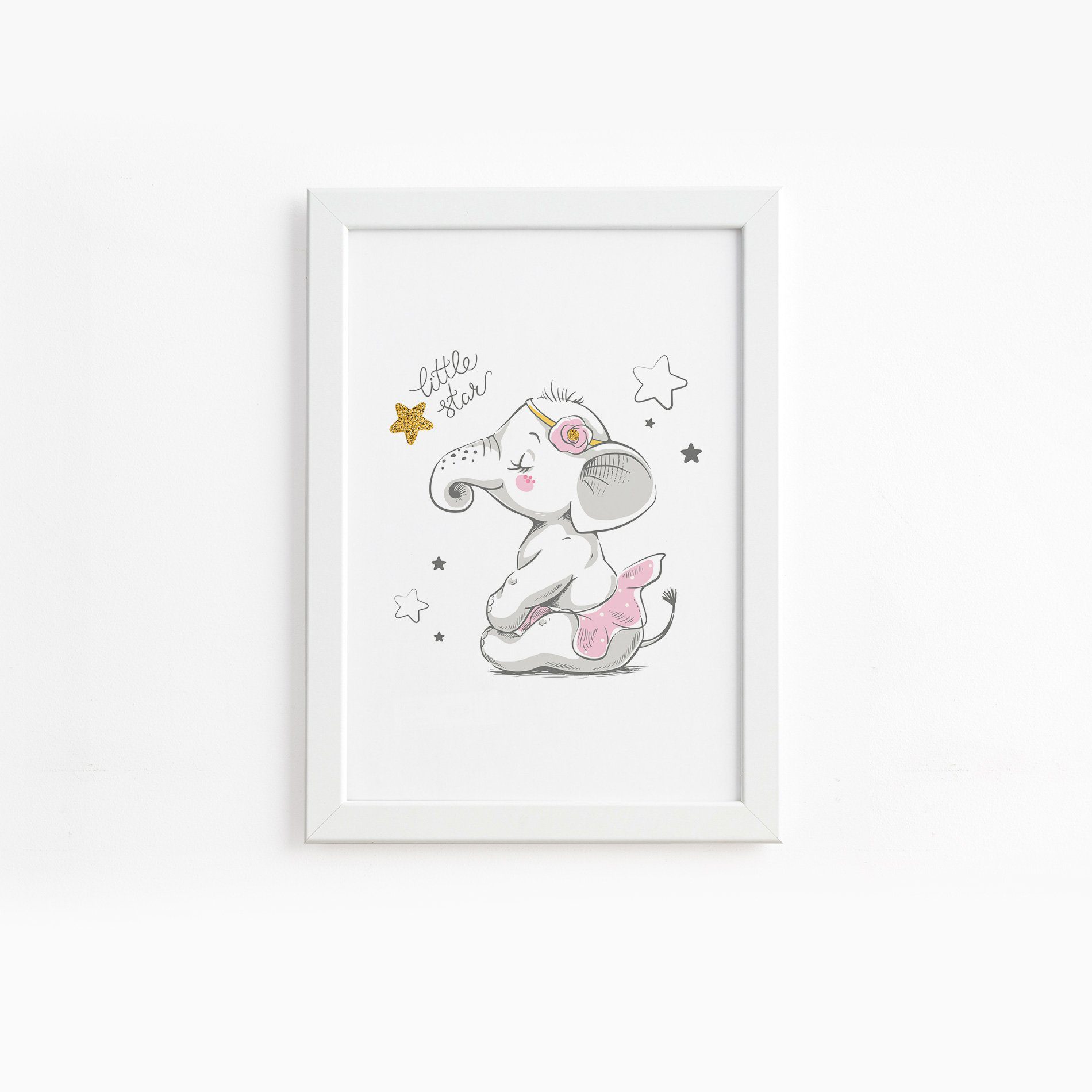 Quadro Elefante Rosa Bailarina Moldura Branca 33x43cm