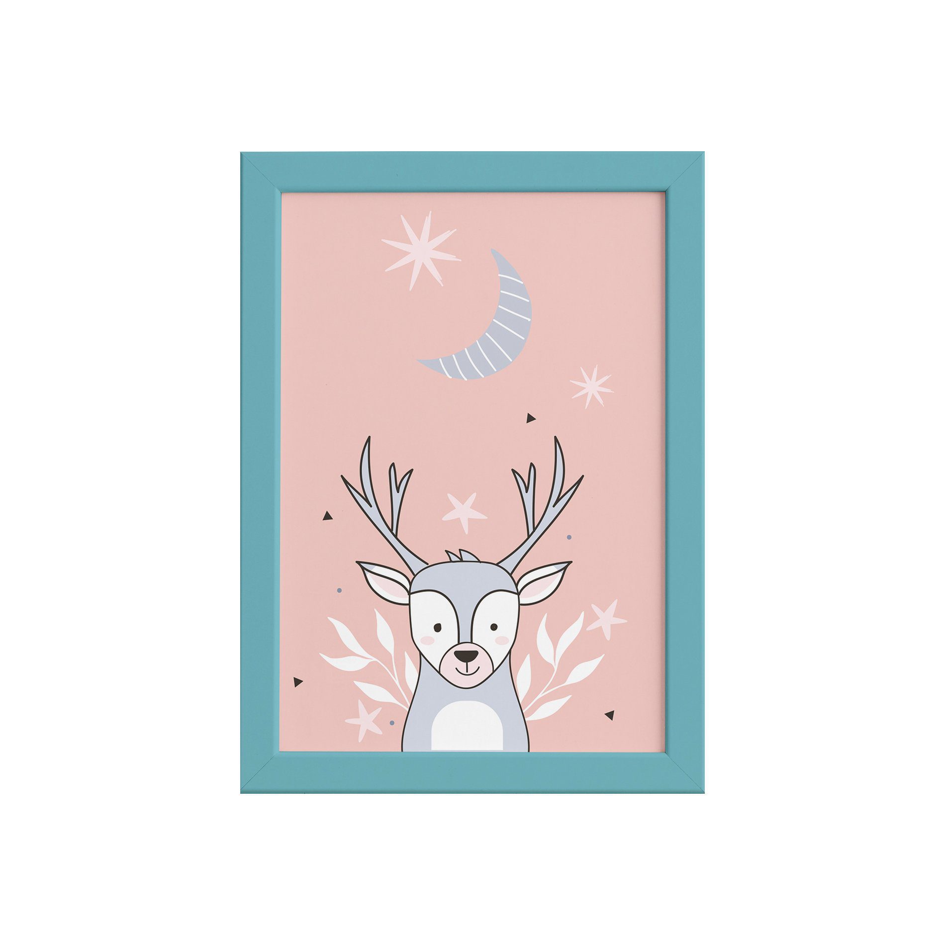 Quadro Decoração Escandinava Alce Moldura Azul 22x32cm