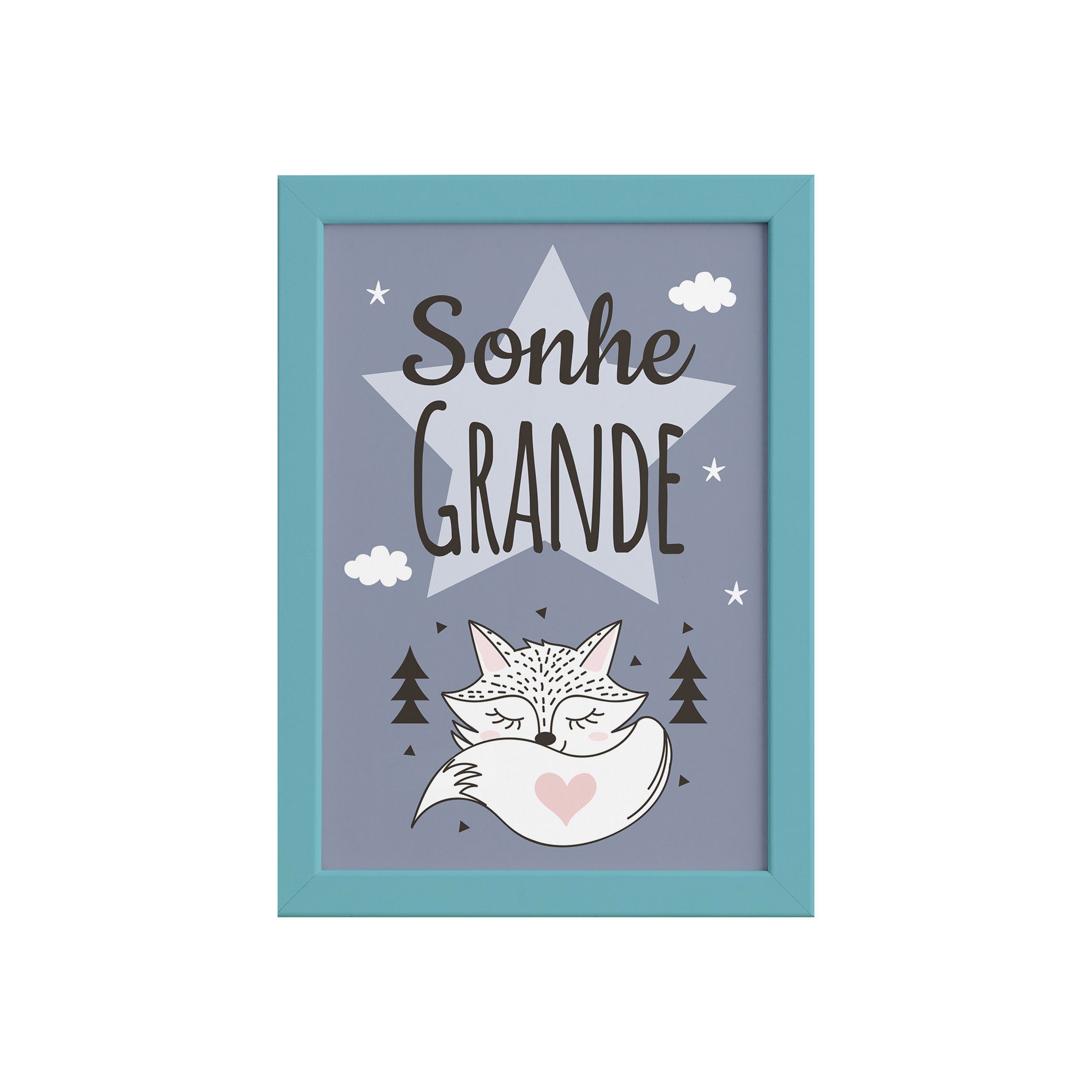 Quadro Decoração Escandinava Raposinha Moldura Azul 22x32cm