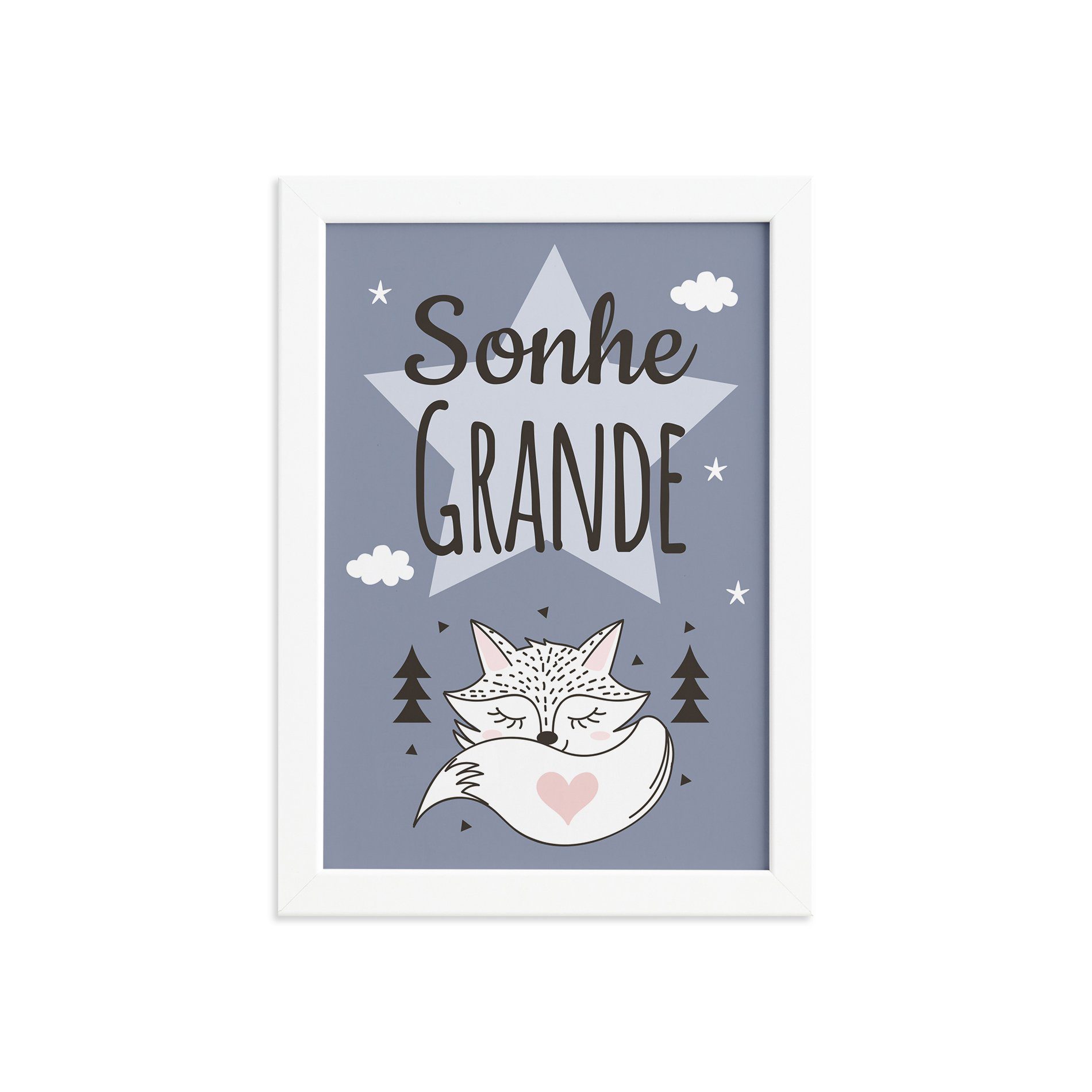 Quadro Decoração Escandinava Raposinha Moldura Branca 33x43cm