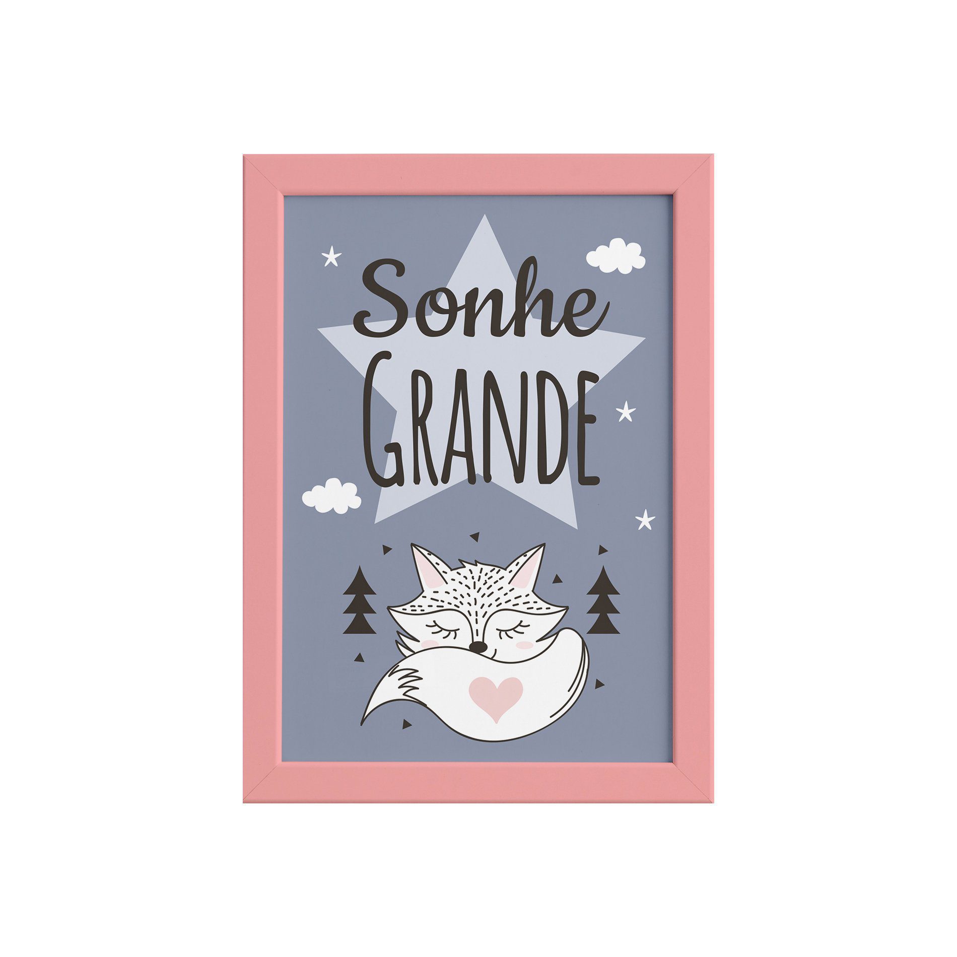 Quadro Decoração Escandinava Raposinha Moldura Rosa 22x32cm