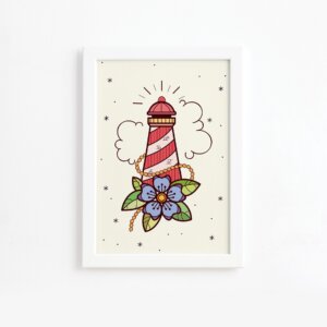 Quadro Vintage Marinha Farol Moldura Branca