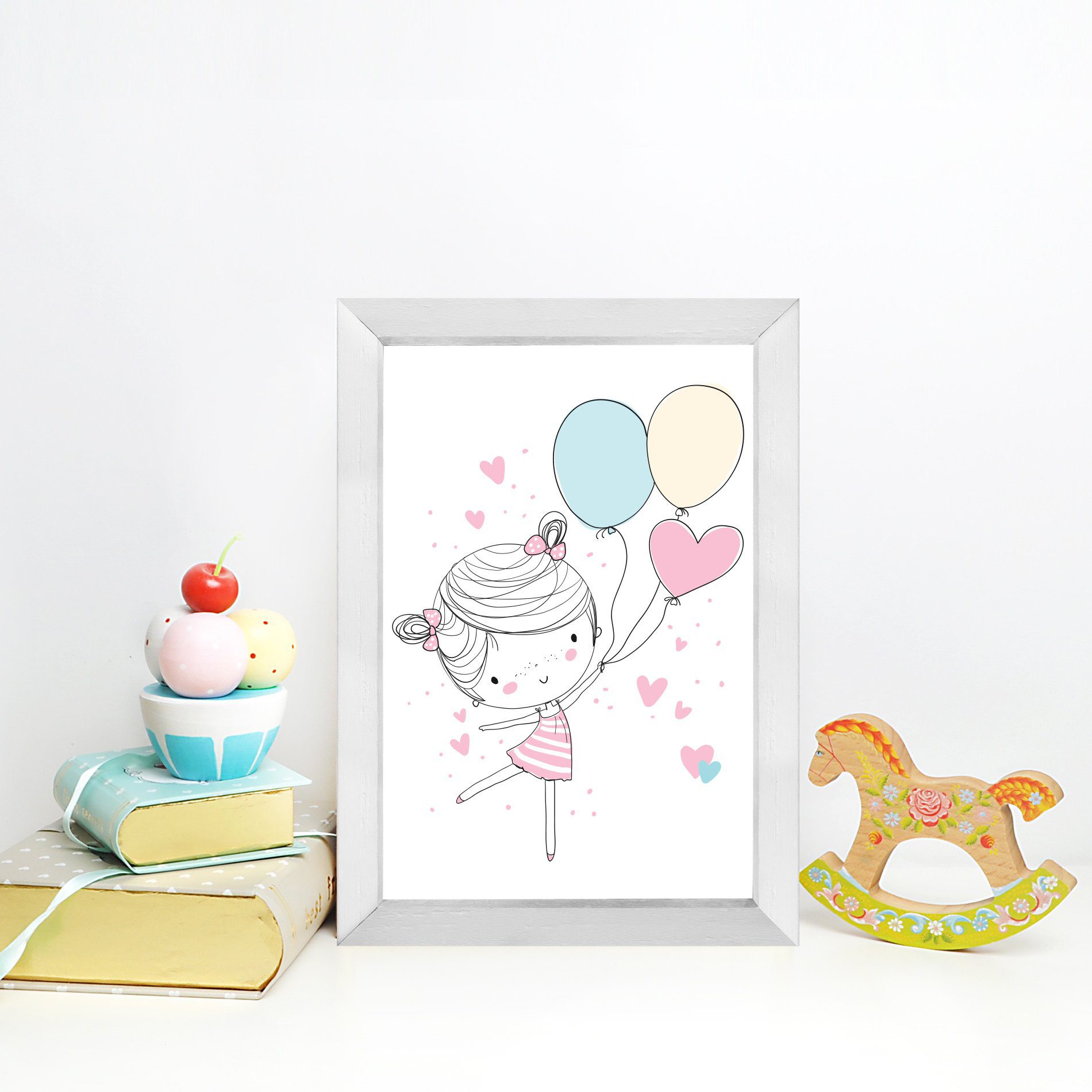 Quadro Decorativo com Moldura Branca Menina Balões