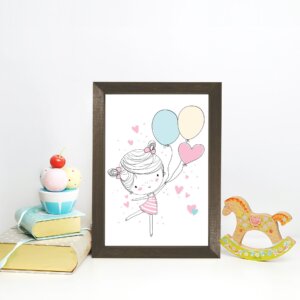 Quadro Decorativo com Moldura Marrom Menina Balões