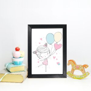 Quadro Decorativo com Moldura Preta Menina Balões