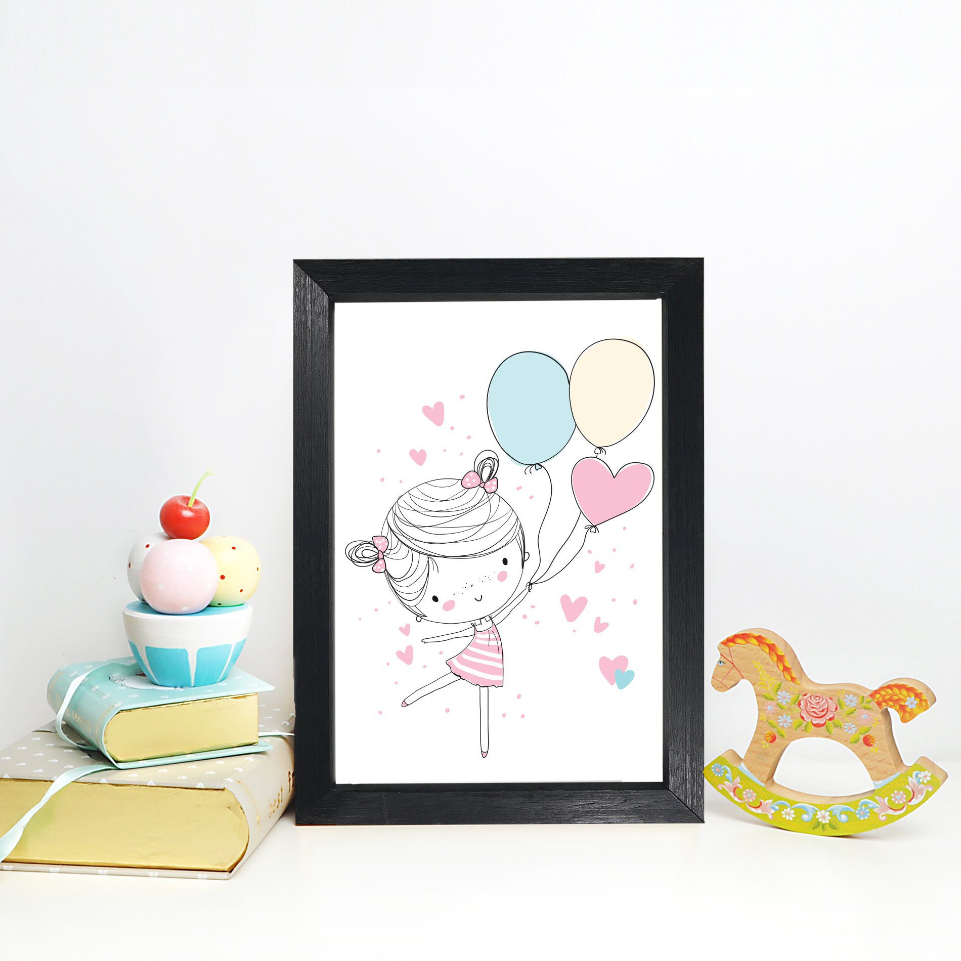 Quadro Decorativo com Moldura Preta Menina Balões