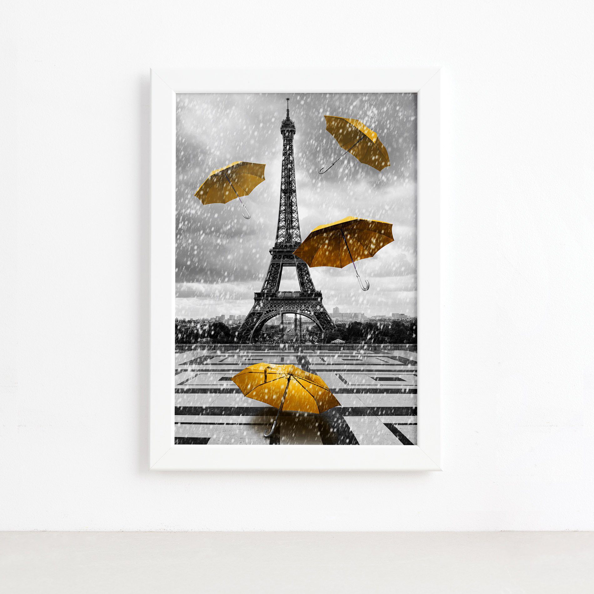 Quadro Paris Torre Eiffel Detalhe Amarelo Moldura Branca