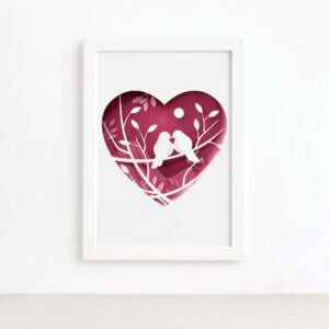 Quadro Animais Pássaros e Coração Moldura Branca 22x32cm,Quadro Animais Pássaros e Coração Moldura Branca 22x32cm