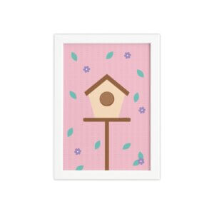 Quadro Infantil Casa Passarinhos Moldura Branca 33x43cm