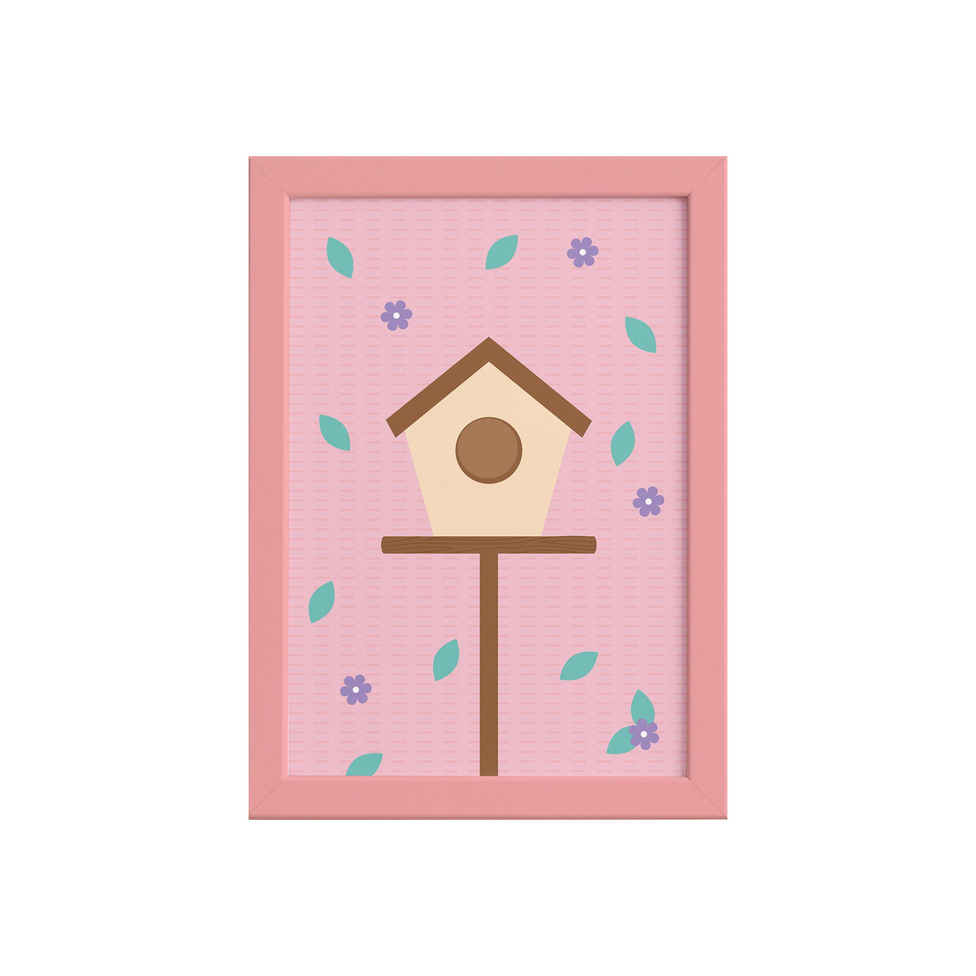 Quadro Infantil Casa Passarinhos Moldura Rosa 22x32cm