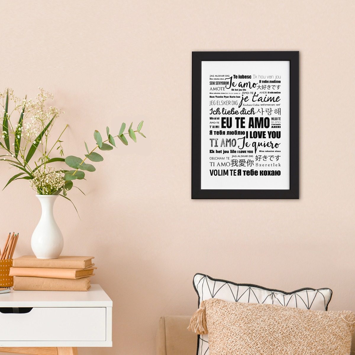 Quadro Decorativo Eu Te Amo Idiomas Mold Preta 22x32cm