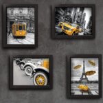 Quadros Paris New York Cidades Amarelo 22x32cm Moldura Preta 4 un