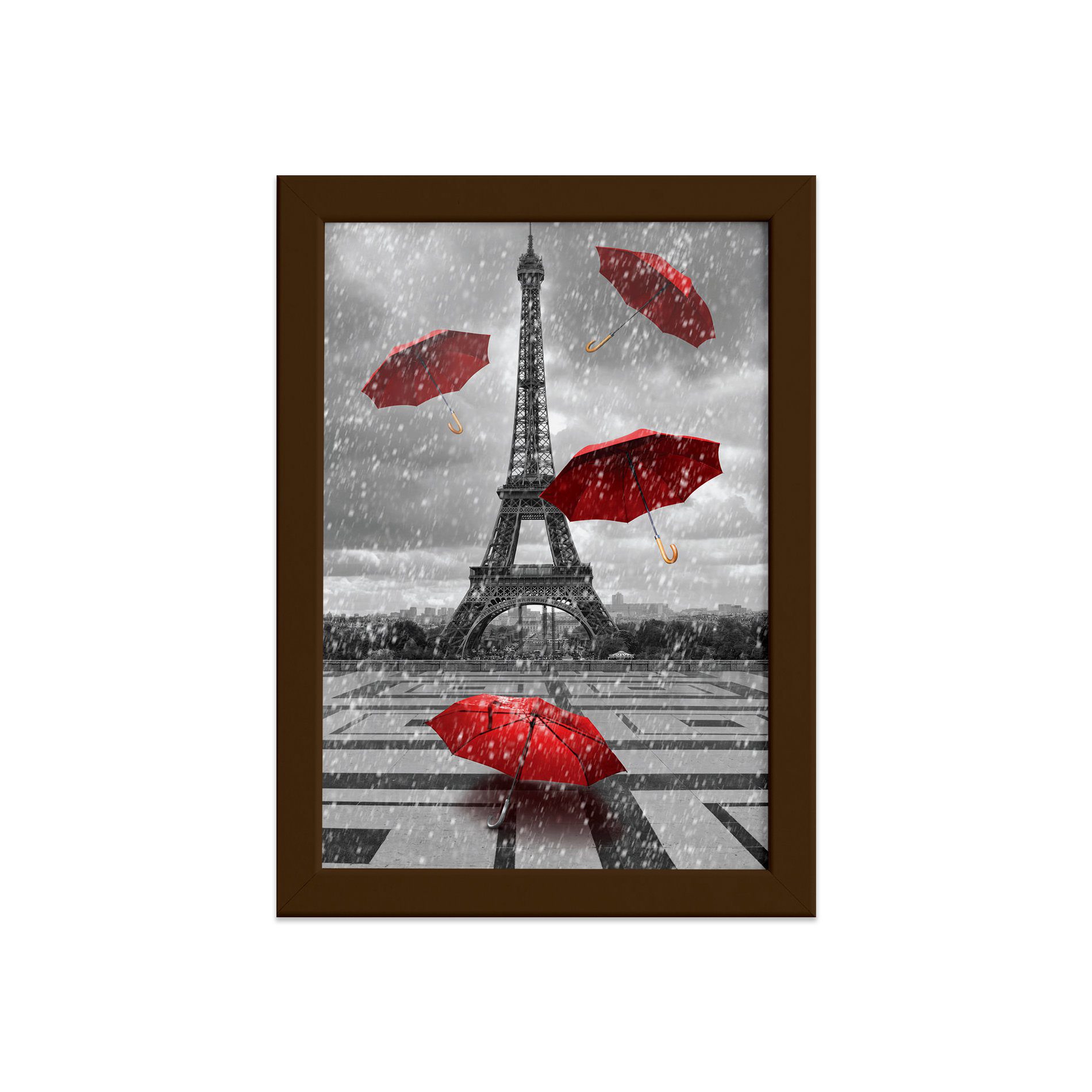 Quadro Paris Torre Eiffel Guarda Chuvas Moldura Marrom
