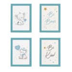 Quadros Elefante Azul Para Quarto Moldura Azul 22x32cm 4un