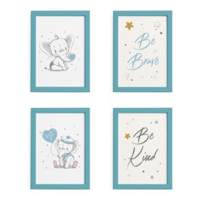 Quadros Elefante Azul Para Quarto Moldura Azul 22x32cm 4un