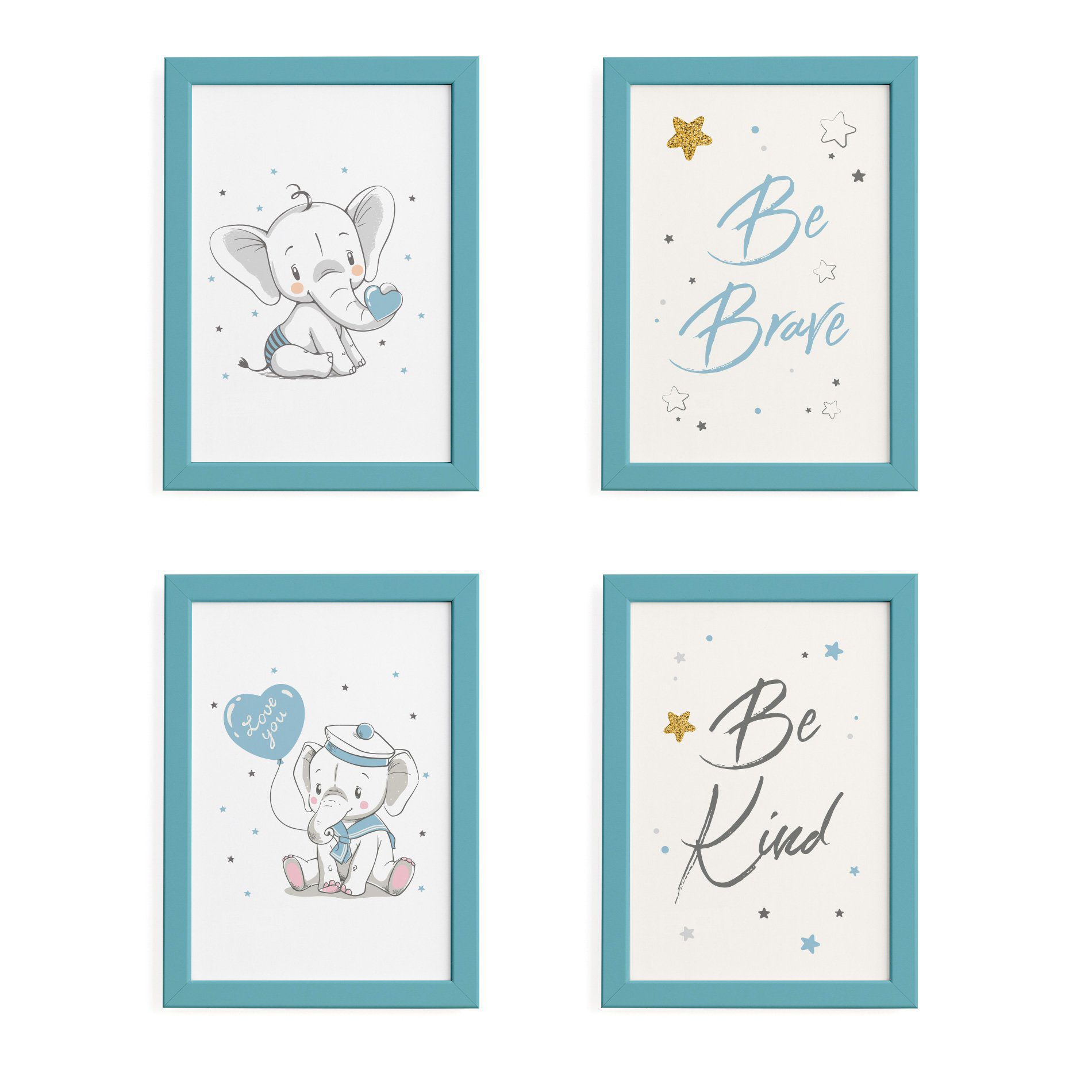 Quadros Elefante Azul Para Quarto Moldura Azul 22x32cm 4un