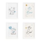 Quadros Elefante Azul Para Quarto Moldura Branca 33x43cm 4un