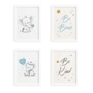 Quadros Elefante Azul Para Quarto Moldura Branca 33x43cm 4un