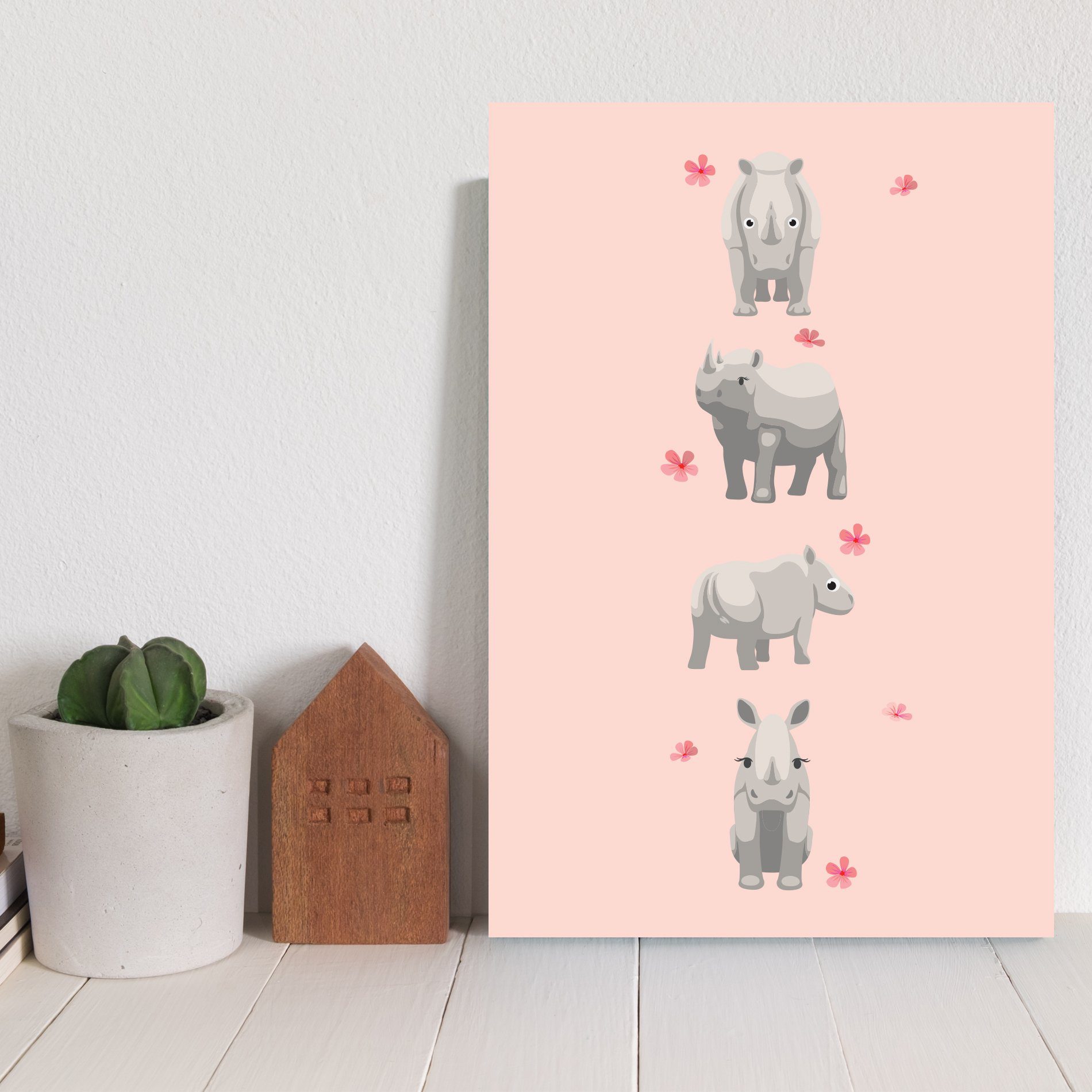 Placa Decorativa MDF Infantil Quarteto Rinoceronte 30x40cm