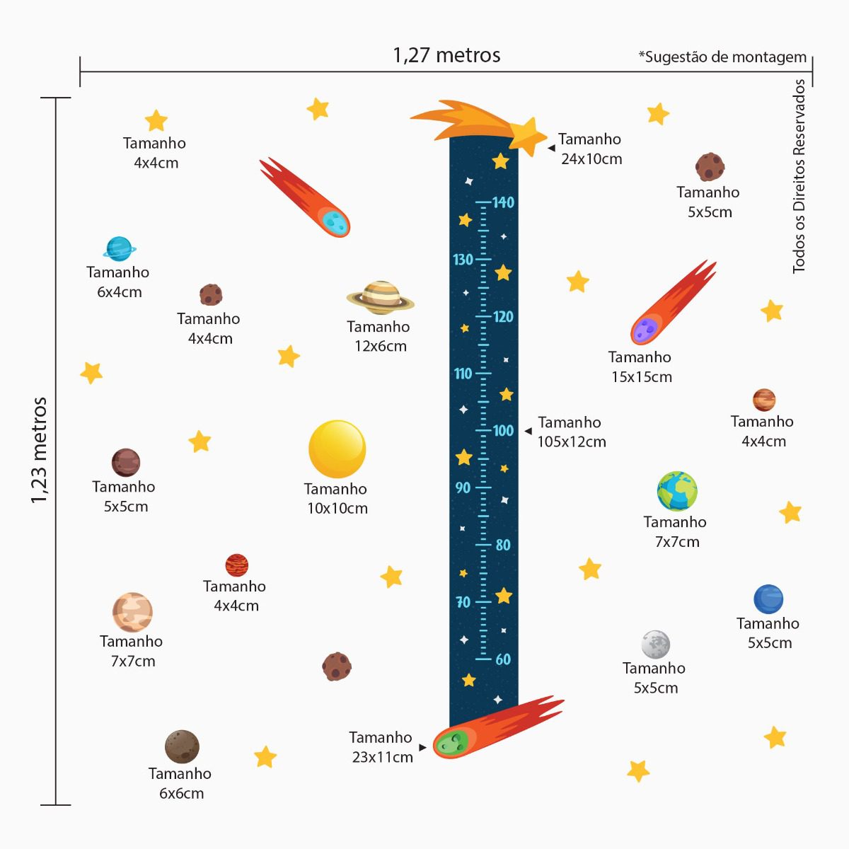 Adesivo de Parede Régua de Crescimento Planetas e Cometas