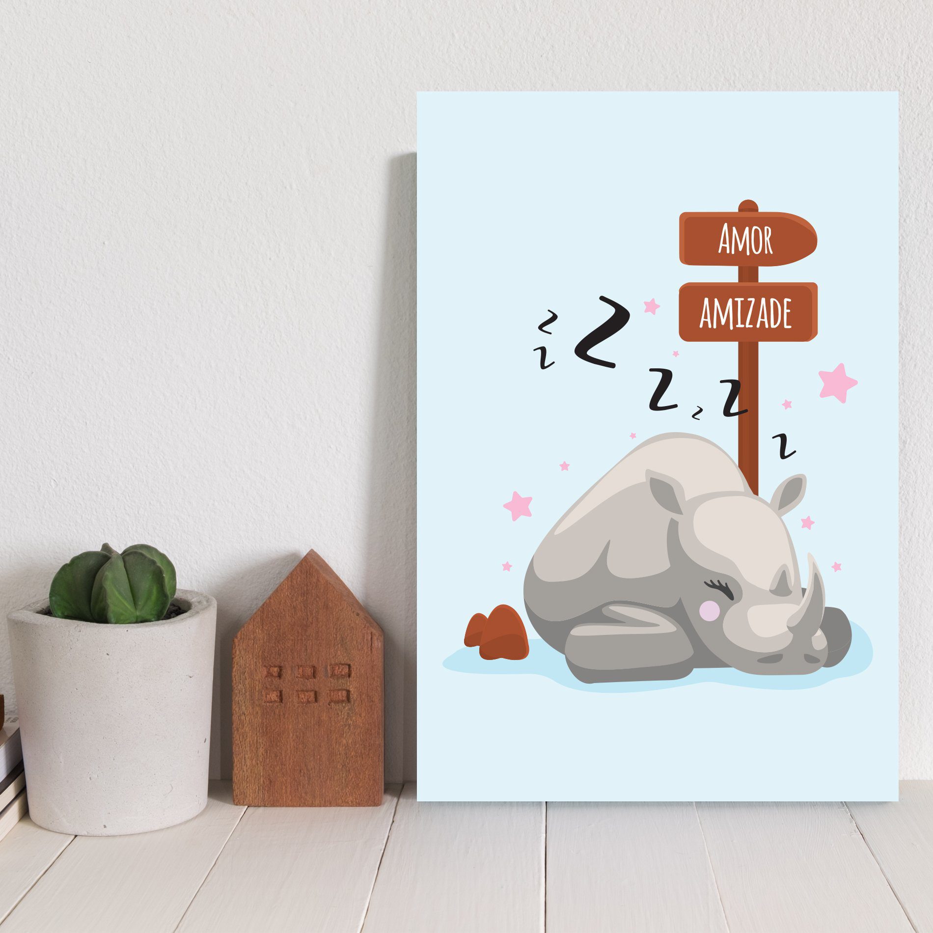 Placa Decorativa MDF Infantil Rinoceronte Amor 30x40cm