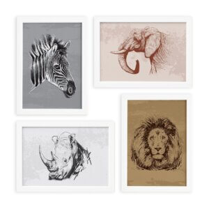 Quadros Animais Safari África Moldura Branca 33x43cm 4un