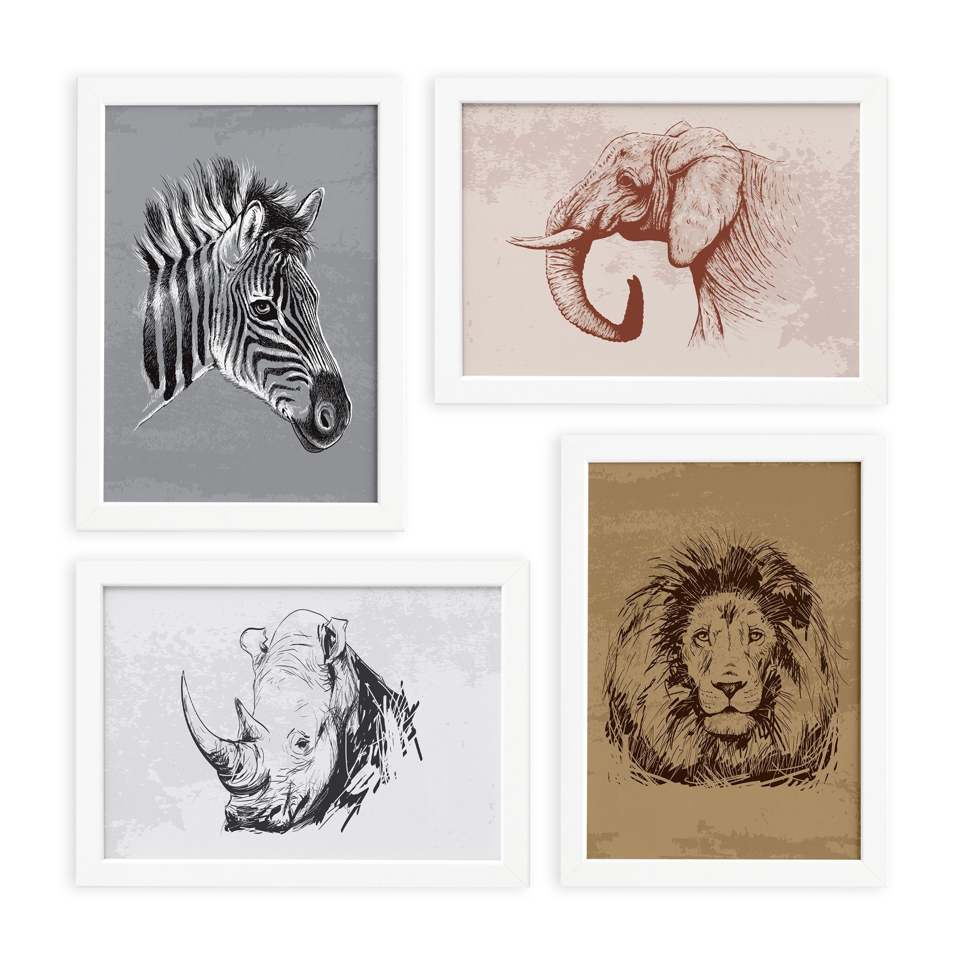 Quadros Animais Safari África Moldura Branca 33x43cm 4un