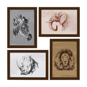 Quadros Animais Safari África Moldura Marrom 22x32cm 4un