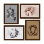 Quadros Animais Safari África Moldura Marrom 33x43cm 4un
