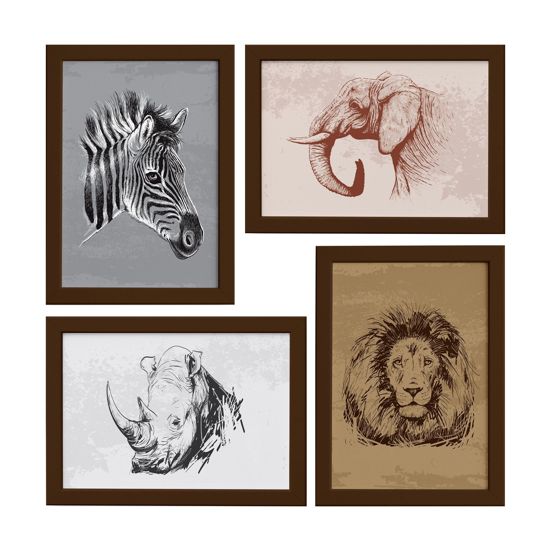Quadros Animais Safari África Moldura Marrom 33x43cm 4un