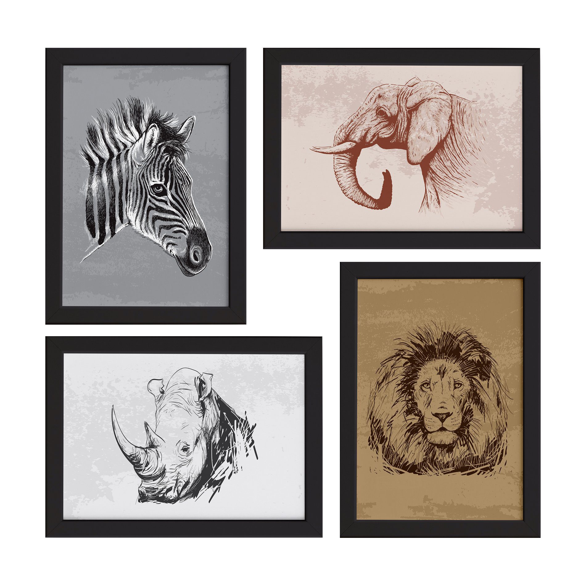 Quadros Animais Safari África Moldura Preta 33x43cm 4un