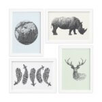 Quadros Animais Safari Geométrico Moldura Branca 33x43cm 4un