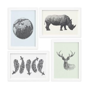 Quadros Animais Safari Geométrico Moldura Branca 33x43cm 4un