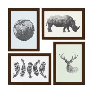 Quadros Animais Safari Geométrico Moldura Marrom 33x43cm 4un