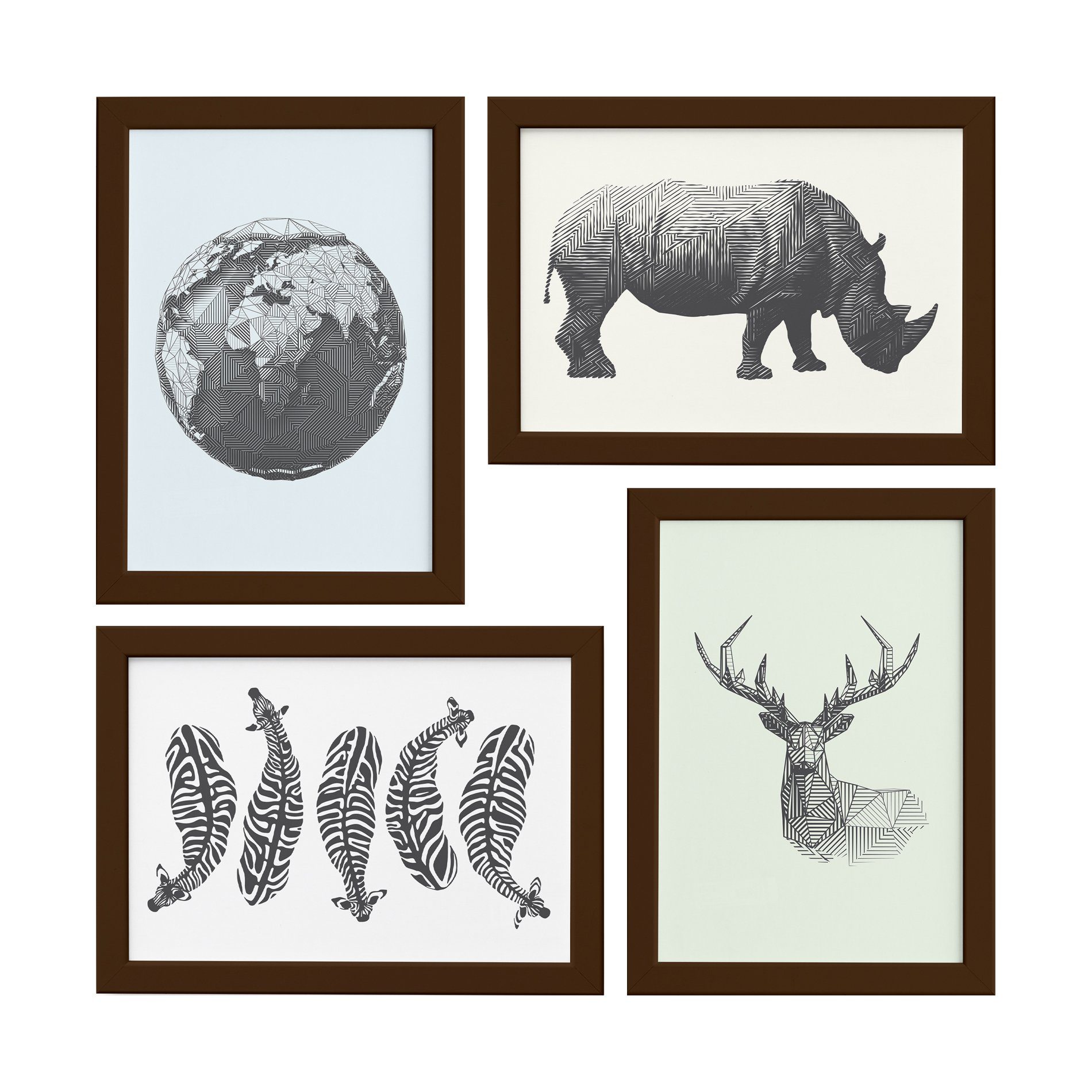 Quadros Animais Safari Geométrico Moldura Marrom 33x43cm 4un