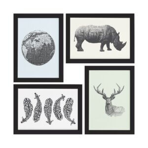 Quadros Animais Safari Geométrico Moldura Preta 22x32cm 4un