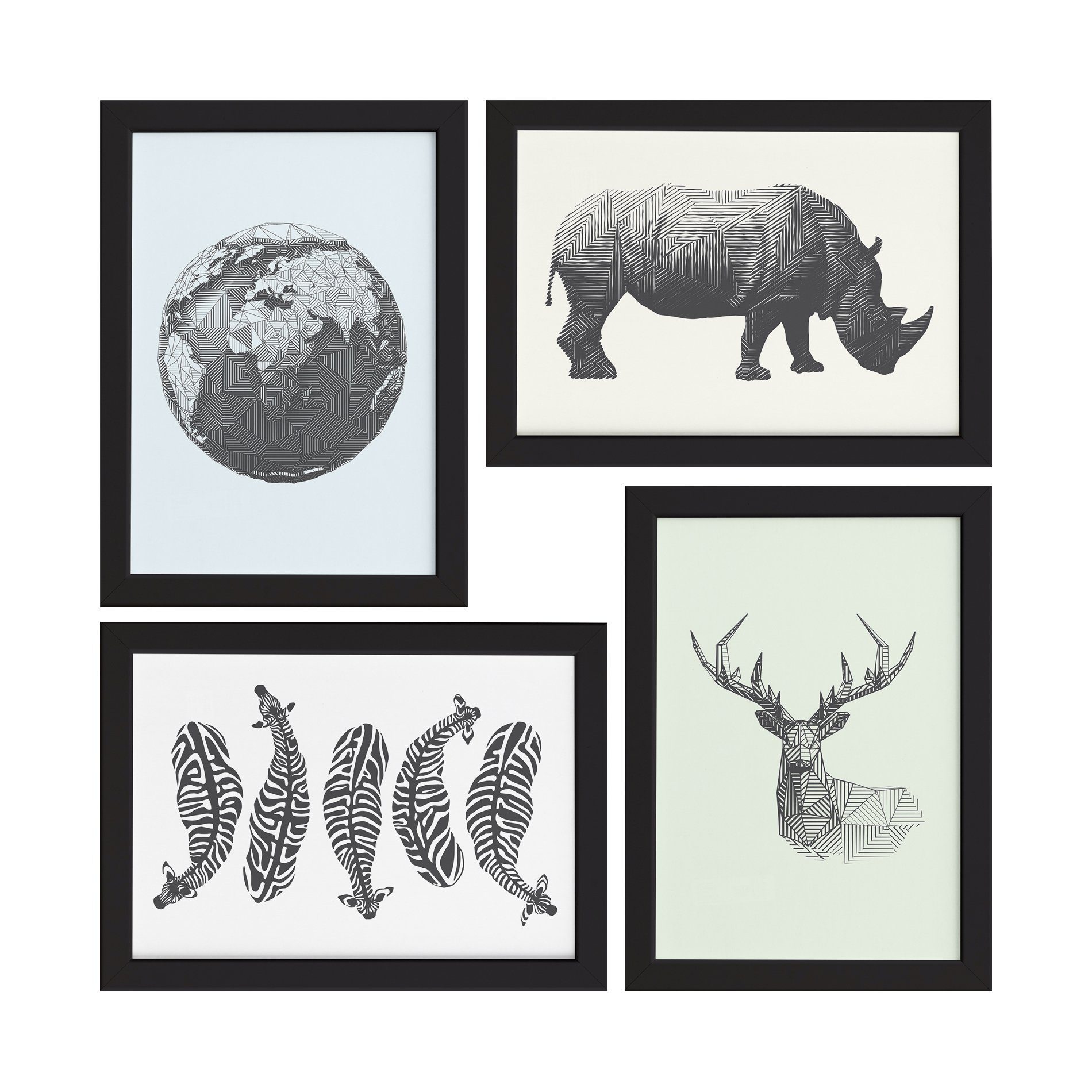 Quadros Animais Safari Geométrico Moldura Preta 33x43cm 4un