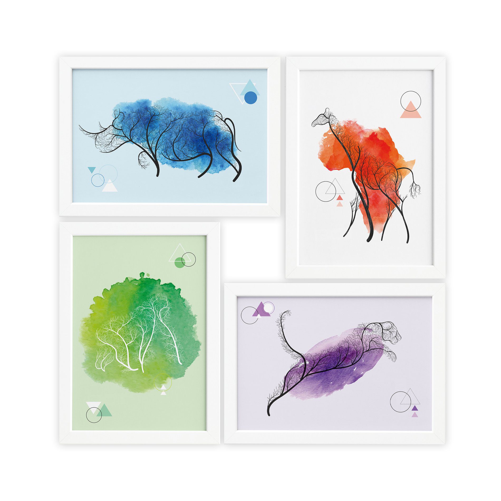 Quadros Decoração Minimalista Animais Safari Moldura Branca 22x32cm 4un