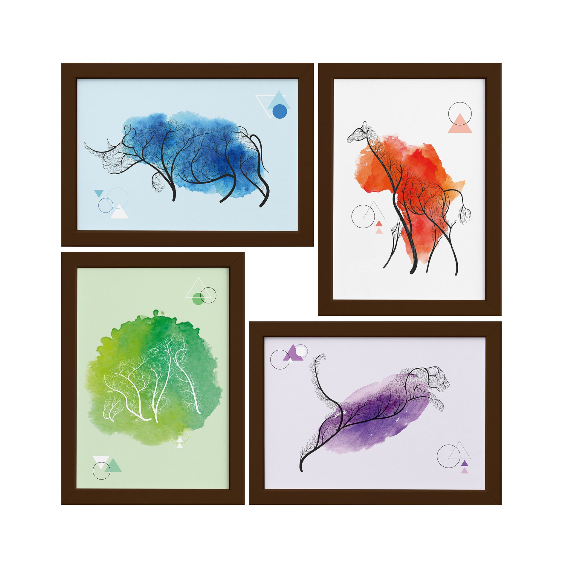 Quadros Decoração Minimalista Animais Safari Moldura Marrom 33x43cm 4un