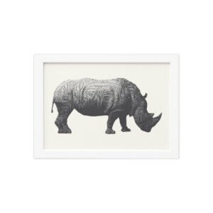 Quadro Safari Geométrico Rinoceronte Moldura Branca