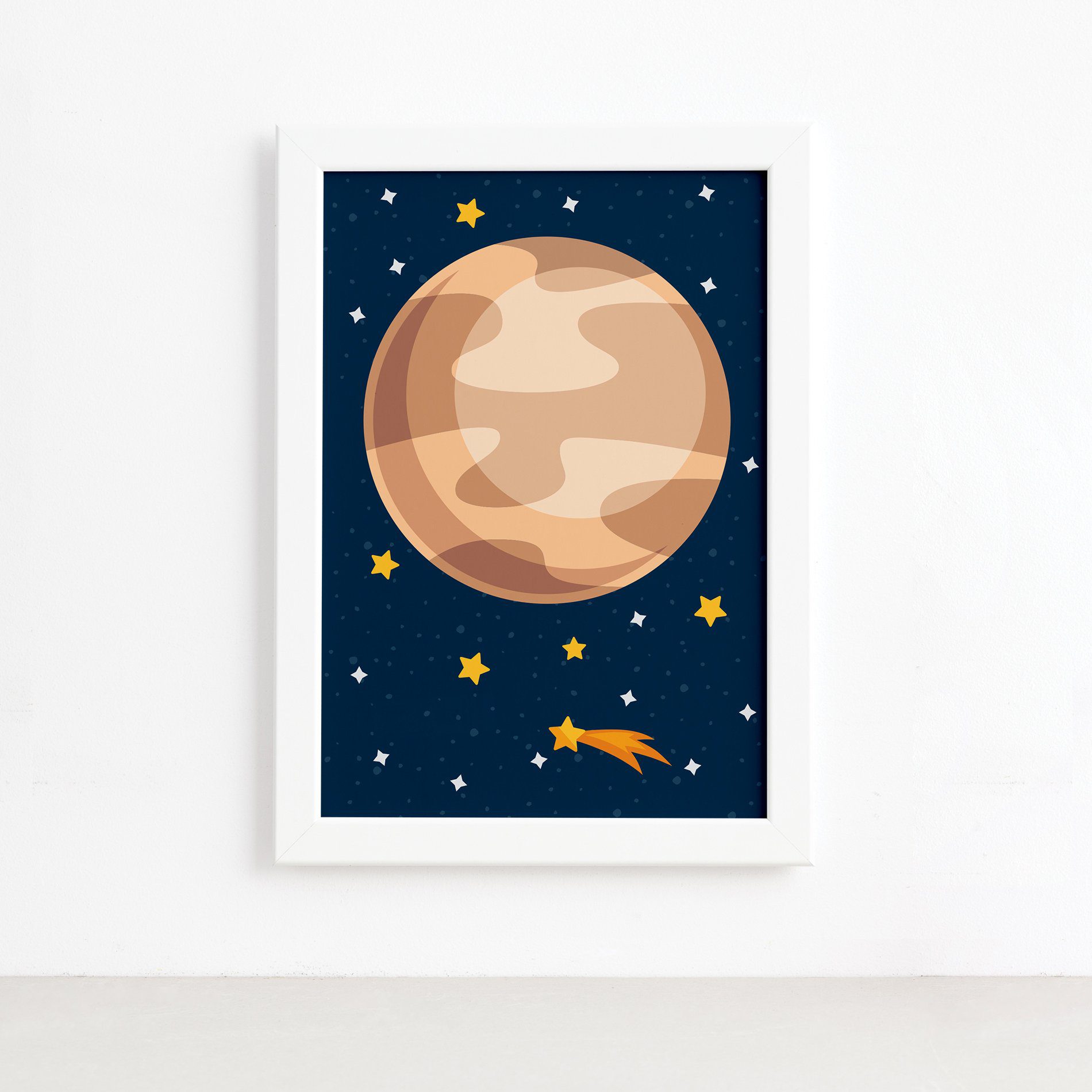 Quadro decorativo infantil Sistema Solar Júpiter com moldura branca, dimensões 33x43 cm, mostrando detalhes do produto e sistema de fixação.