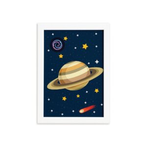 Quadro Decorativo Infantil Sistema Solar Saturno 22x32cm Moldura Branca