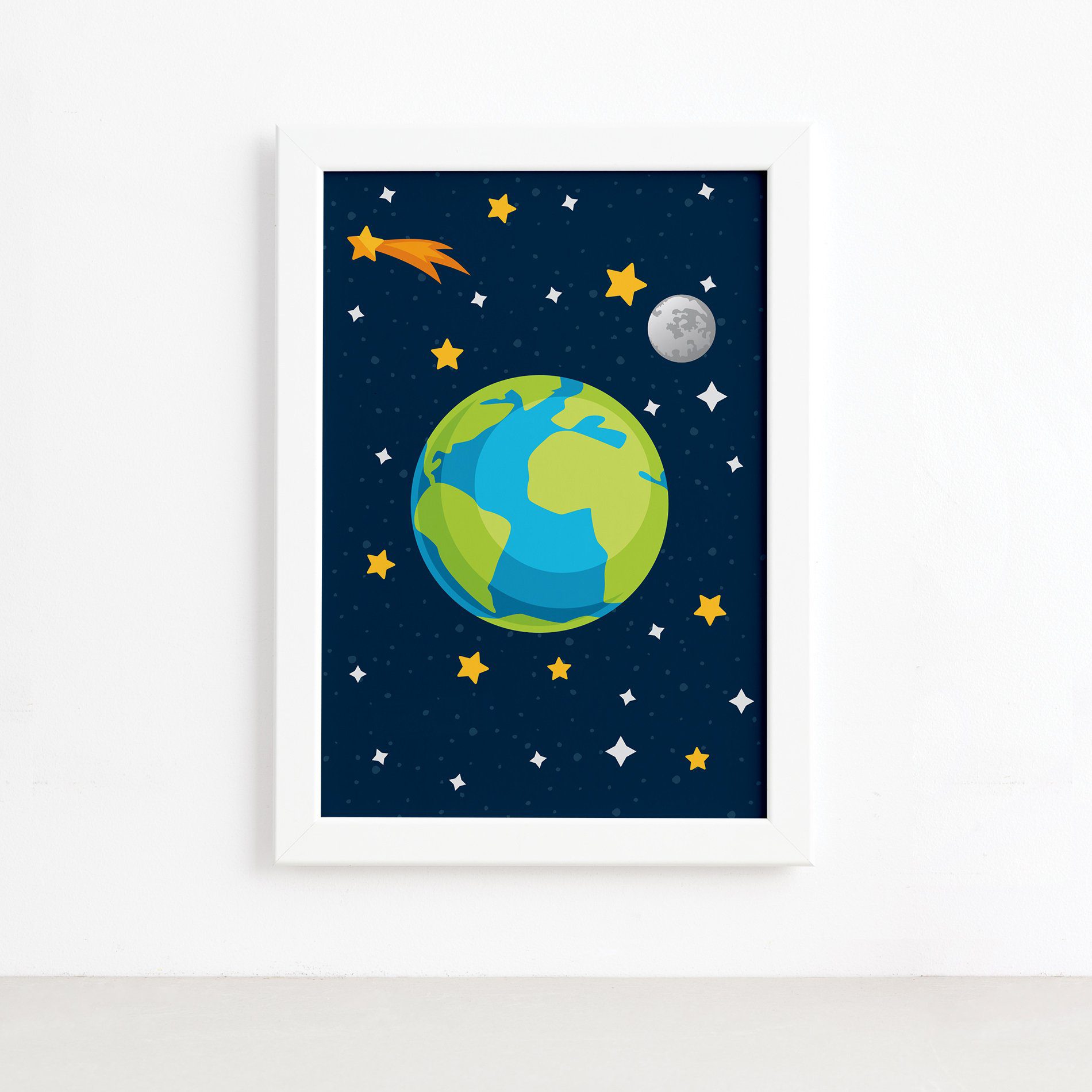 Quadro decorativo infantil retangular com moldura branca, ilustrando o sistema solar, ideal para decoração de quarto infantil.