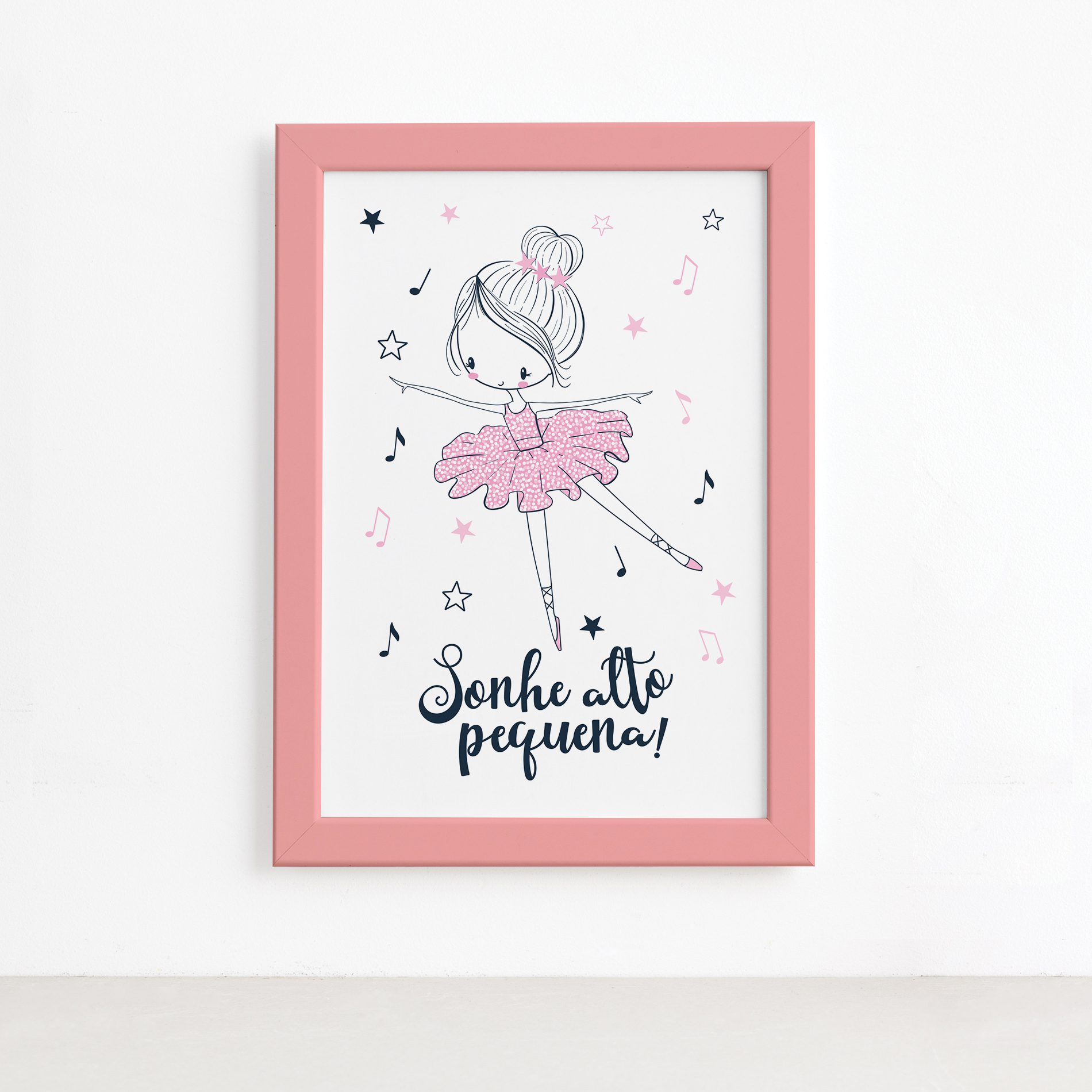 Quadro Bailarina Frase Sonhe Alto Pequena Mold Rosa 22x32cm,Quadro Bailarina Frase Sonhe Alto Pequena Mold Rosa 22x32cm