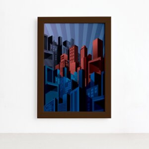 Quadro Super Heróis Geek Cidade Moldura Marrom