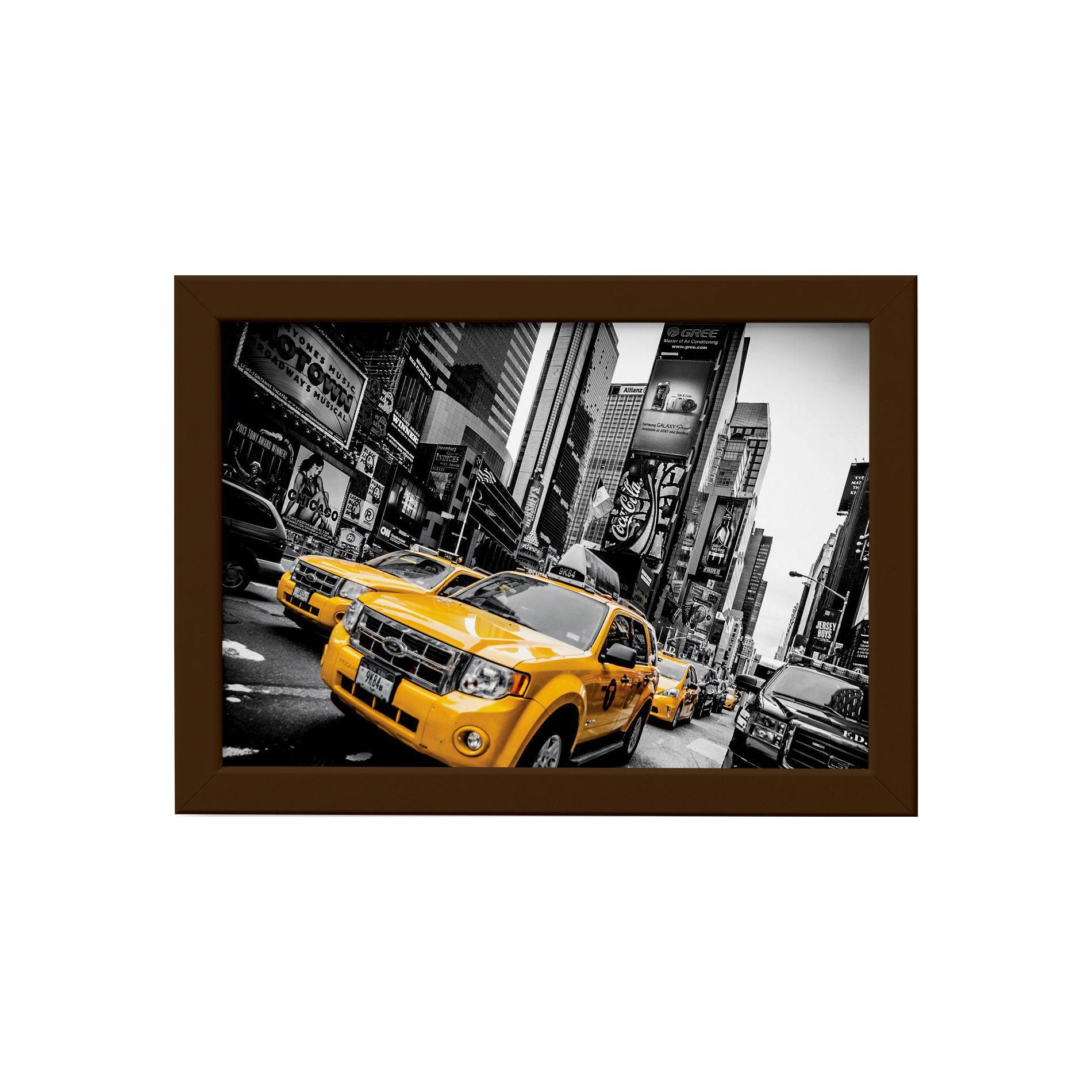 Quadro New York Táxi Amarelo Foto Moldura Marrom 