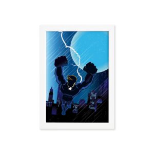 Quadro Super Heróis Geek Azul Raio Moldura Branca 33x43cm
