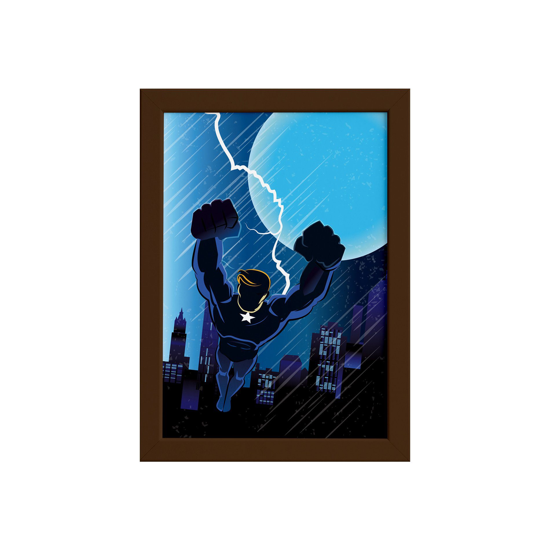 Quadro Super Heróis Geek Azul Raio Moldura Marrom
